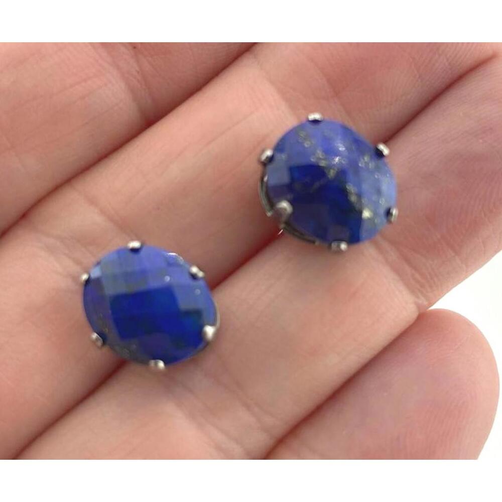 Blue Lapis Lazuli Faceted Stone Oval Stud Earrings Sterling Silver Prong Setting